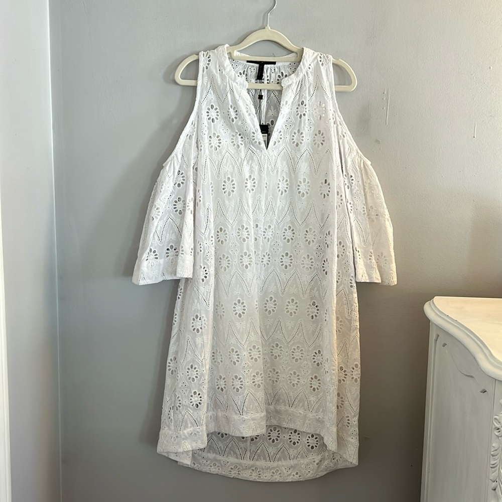 BGBG MAXAZRIA NWT white eyelet lace drop cold shoulder sleeve “REGAN” dress